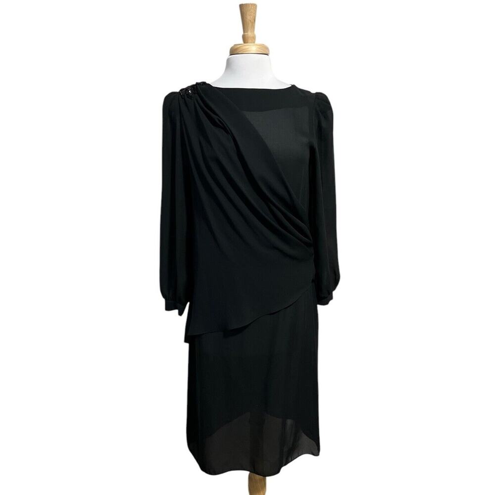 Vintage Stuart Alan Women's M Black Chiffon Art Deco 40s Look Midi Dress